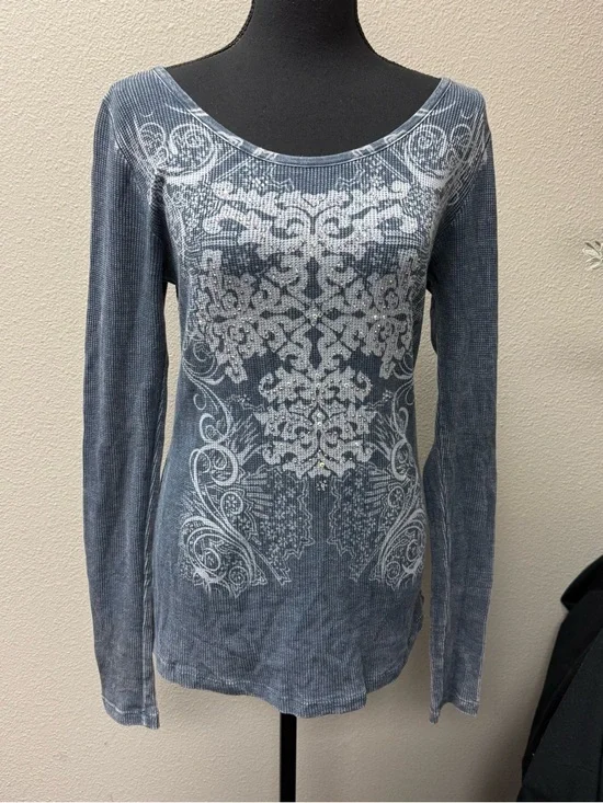 Daytrip Blue Thermal Top Lace Back Rhinestone Long Sleeve Boho Medium - Picture 2 of 9